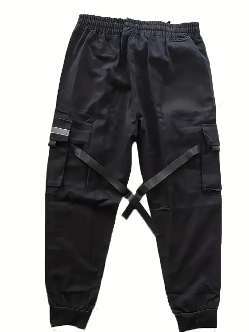 Black Trendy Solid Cargo Pants, Men's Multi Flap Pocket Trousers, Loose Casual Outdoor Pants, Men's Work Pants Outdoors techwear Hip Hop Style