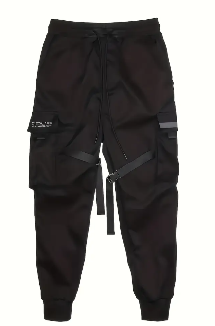 Black Trendy Solid Cargo Pants, Men's Multi Flap Pocket Trousers, Loose Casual Outdoor Pants, Men's Work Pants Outdoors techwear Hip Hop Style