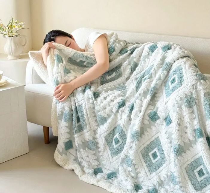 1pc Hollow Double-Layer Blanket – Thick Design, Fashionable Jacquard Craft, Faux Sheep Fur, Warm & Cold-Proof, Ideal for Summer Naps, Office, Sofa or Bed, Outdoor Camping, Holiday Gift
