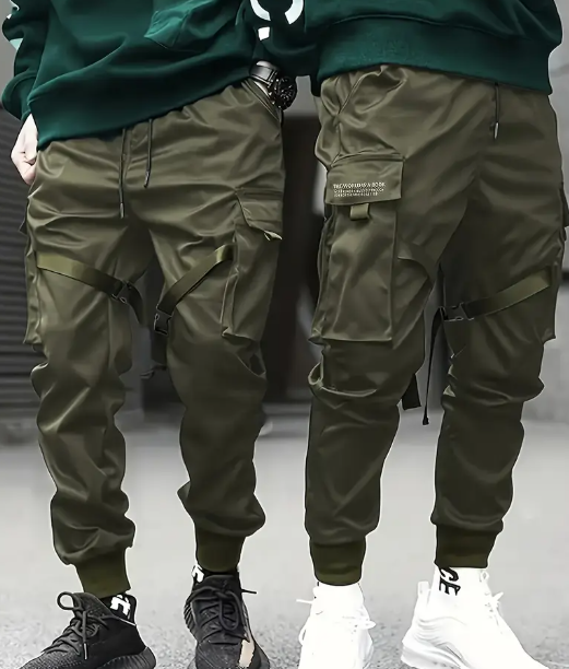 Army Green Trendy Solid Cargo Pants, Men's Multi Flap Pocket Trousers, Loose Casual Outdoor Pants, Men's Work Pants Outdoors techwear Hip Hop Style