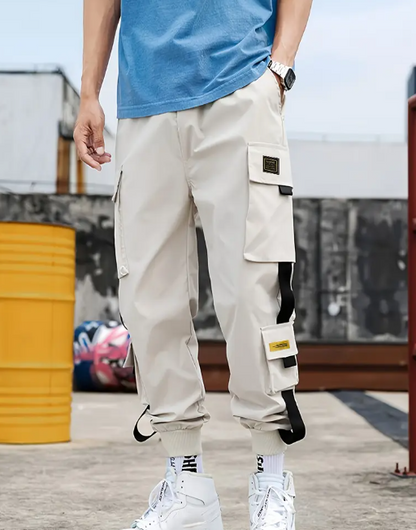 Men's Casual Techwear Cargo Pants - Lightweight Polyester, Multi-Pocket Design with Drawstring Waist & Cuffs, Machine Washable for All-Season Outdoor Activities