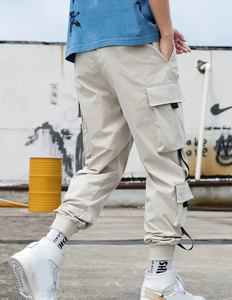 Men's Casual Techwear Cargo Pants - Lightweight Polyester, Multi-Pocket Design with Drawstring Waist & Cuffs, Machine Washable for All-Season Outdoor Activities