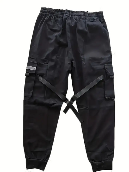 Black Trendy Solid Cargo Pants, Men's Multi Flap Pocket Trousers, Loose Casual Outdoor Pants, Men's Work Pants Outdoors techwear Hip Hop Style