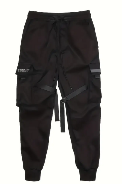 Black Trendy Solid Cargo Pants, Men's Multi Flap Pocket Trousers, Loose Casual Outdoor Pants, Men's Work Pants Outdoors techwear Hip Hop Style