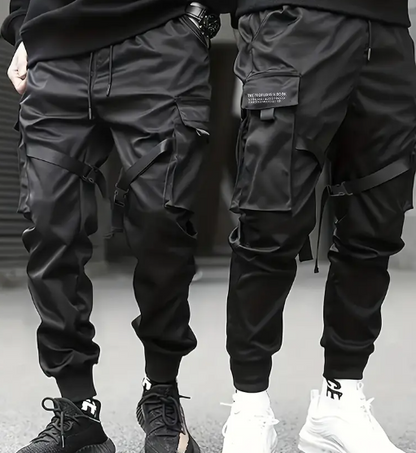 Black Trendy Solid Cargo Pants, Men's Multi Flap Pocket Trousers, Loose Casual Outdoor Pants, Men's Work Pants Outdoors techwear Hip Hop Style