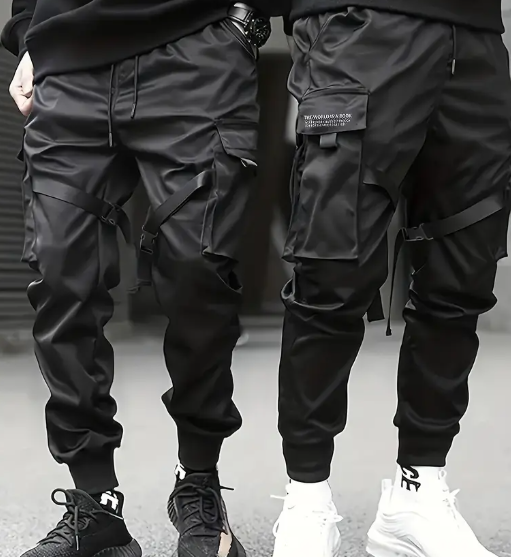 Black Trendy Solid Cargo Pants, Men's Multi Flap Pocket Trousers, Loose Casual Outdoor Pants, Men's Work Pants Outdoors techwear Hip Hop Style